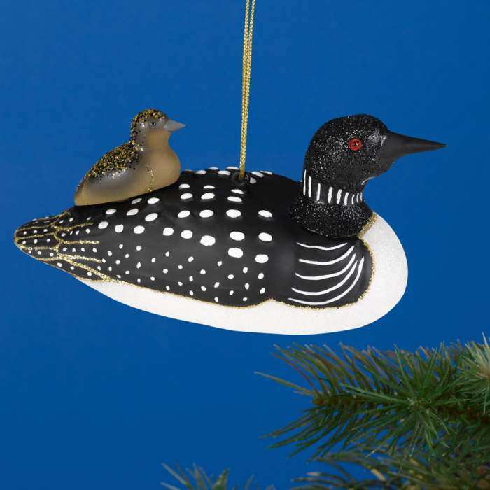 Blown Glass Bird Ornament Loon with Baby
