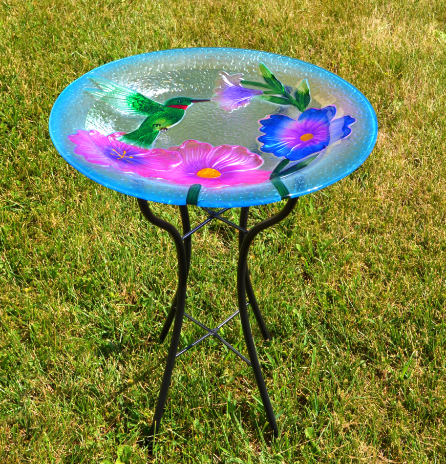Embossed Hummingbird Glass Birdbath w/Stand