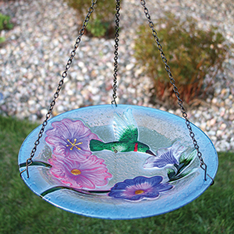 Embossed Hummingbird Glass Hanging Birdbath