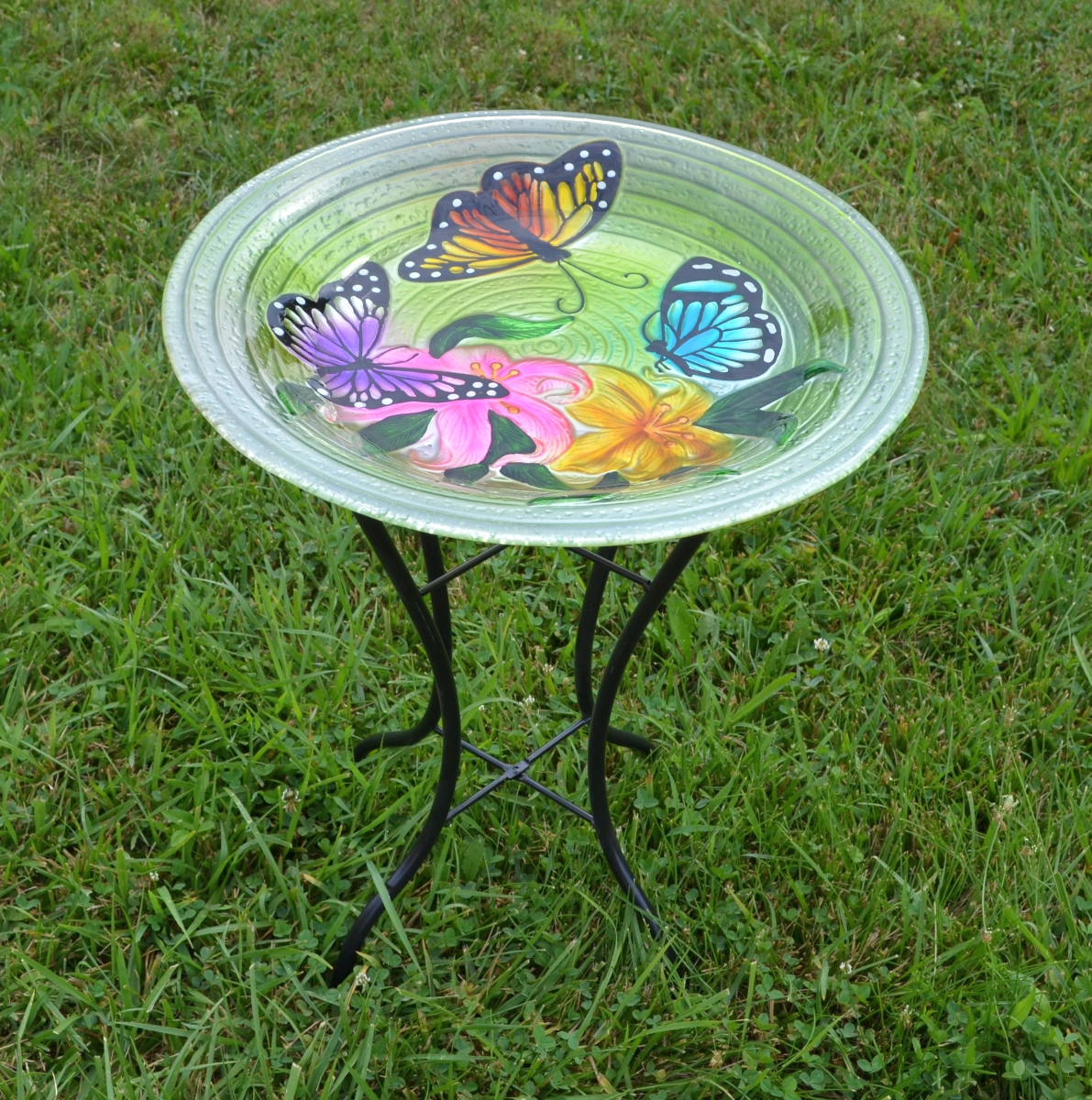 Embossed Butterfly Trio Glass Birdbath w/Stand
