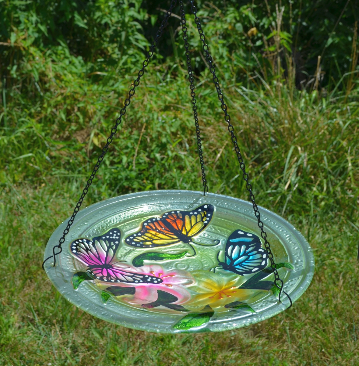 Embossed Butterfly Trio Glass Hanging Birdbath