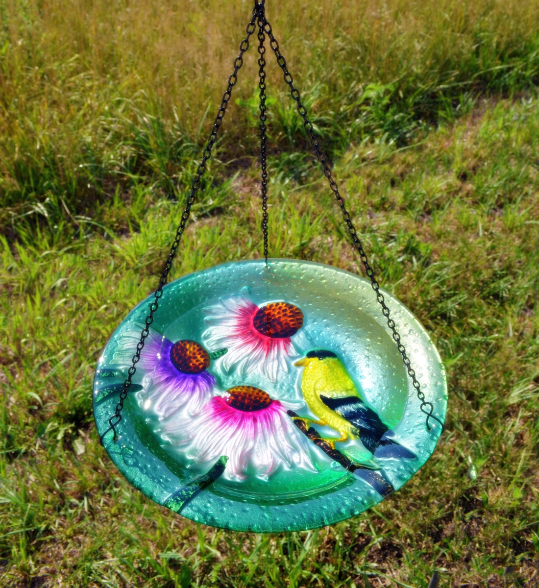 Embossed Goldfinch Glass Hanging Birdbath