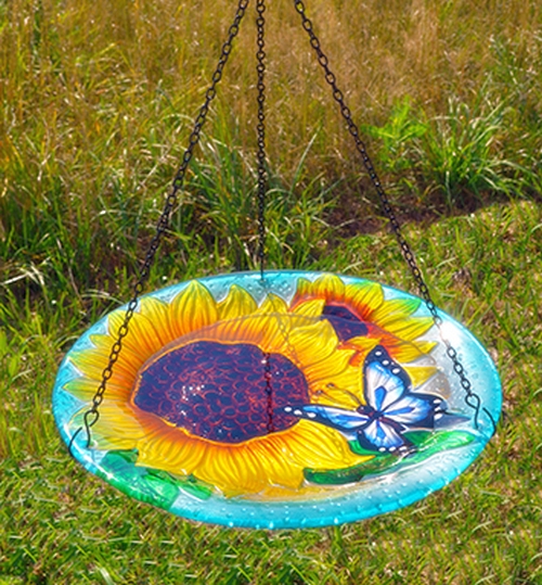 Embossed Blooming Sunflower Glass Hanging Birdbath