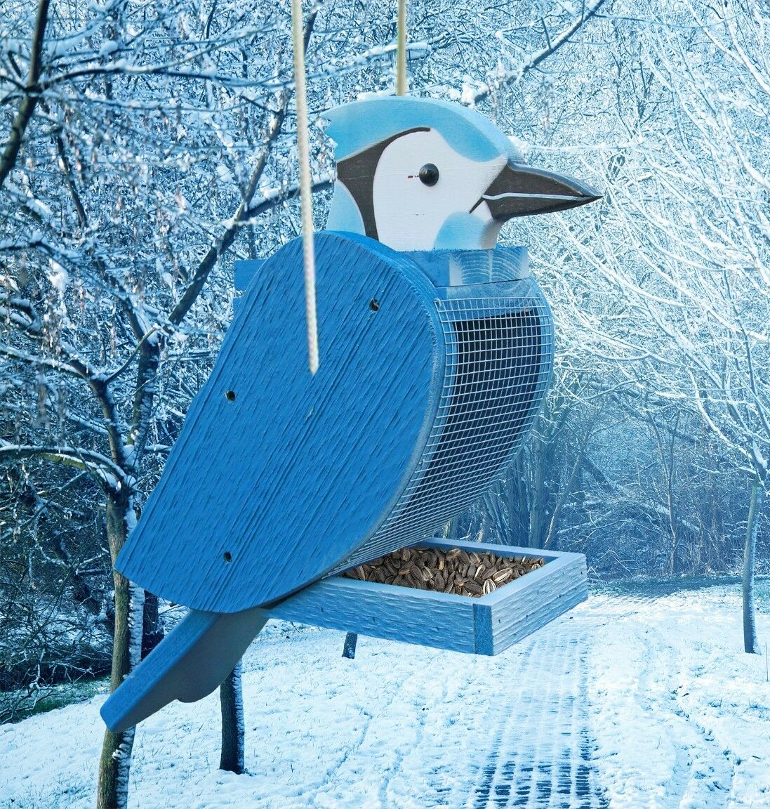 Amish Made in USA Blue Jay Shaped Wooden Bird Feeder 