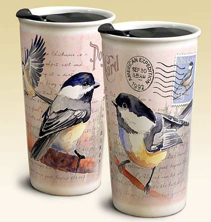 Chickadee Postcard Ceramic Travel Mug Set