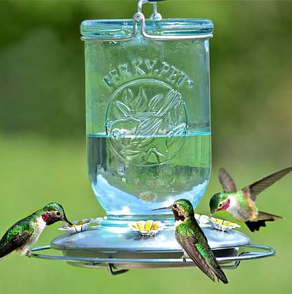 Antique Blue Glass Mason Jar Hummingbird Feeder