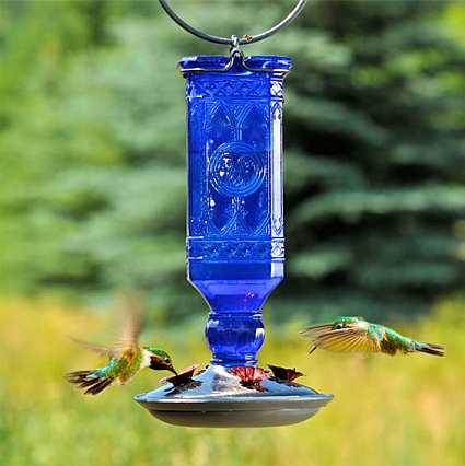 Elegant Antique Glass Hummingbird Feeder Blue