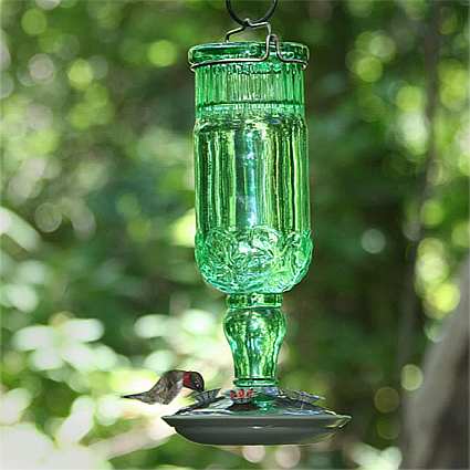 Elegant Antique Glass Hummingbird Feeder Green
