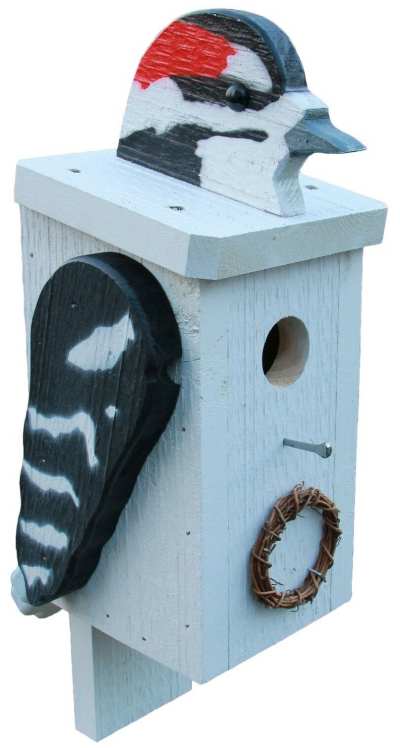 Amish Hand-Made Bird Shaped Wooden Birdhouse Downy Woodpecker